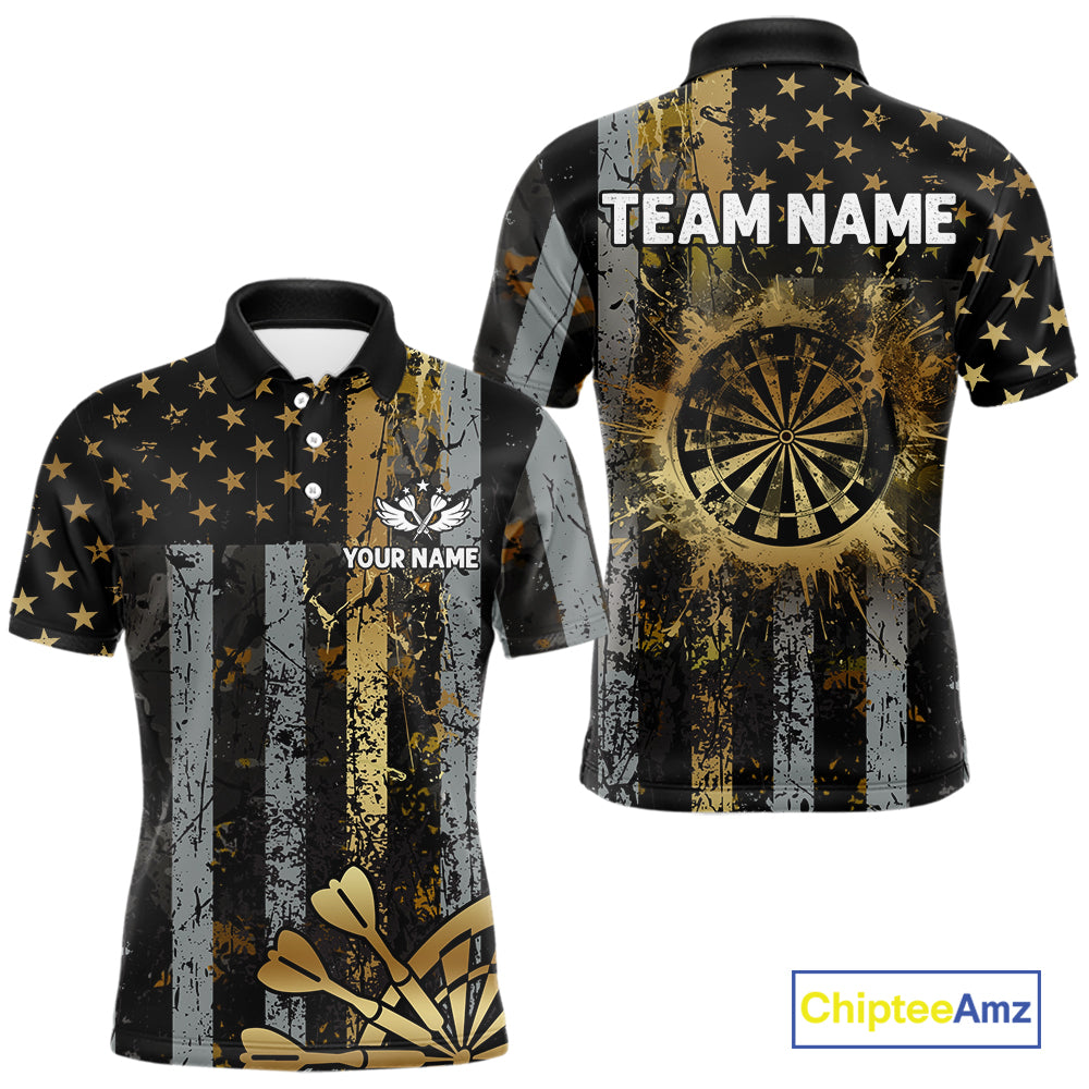 Custom Golden Grunge US Flag Patriotic Darts Shirt For Men, Retro Darts Team Jersey Polo & 1/4 Zip TDM6177