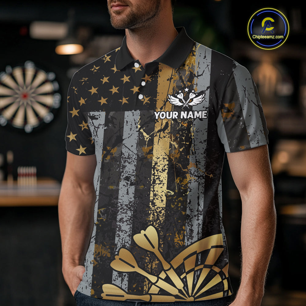 Custom Golden Grunge US Flag Patriotic Darts Shirt For Men, Retro Darts Team Jersey Polo & 1/4 Zip TDM6177