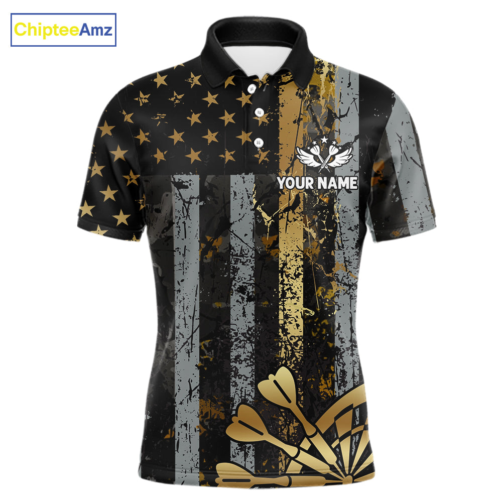 Custom Golden Grunge US Flag Patriotic Darts Shirt For Men, Retro Darts Team Jersey Polo & 1/4 Zip TDM6177