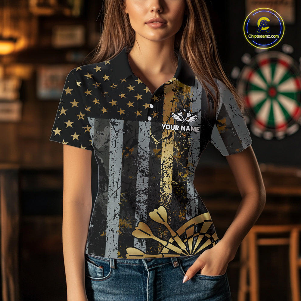 Custom Golden Grunge US Flag Patriotic Darts Shirt For Women, Retro Darts Team Jersey Polo & 1/4 Zip TDM6177