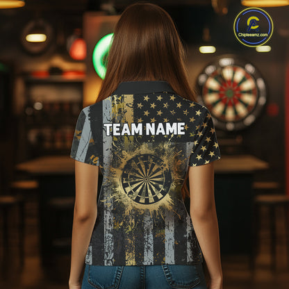 Custom Golden Grunge US Flag Patriotic Darts Shirt For Women, Retro Darts Team Jersey Polo & 1/4 Zip TDM6177