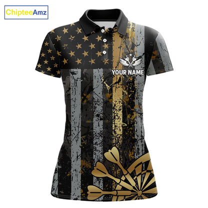 Custom Golden Grunge US Flag Patriotic Darts Shirt For Women, Retro Darts Team Jersey Polo & 1/4 Zip TDM6177