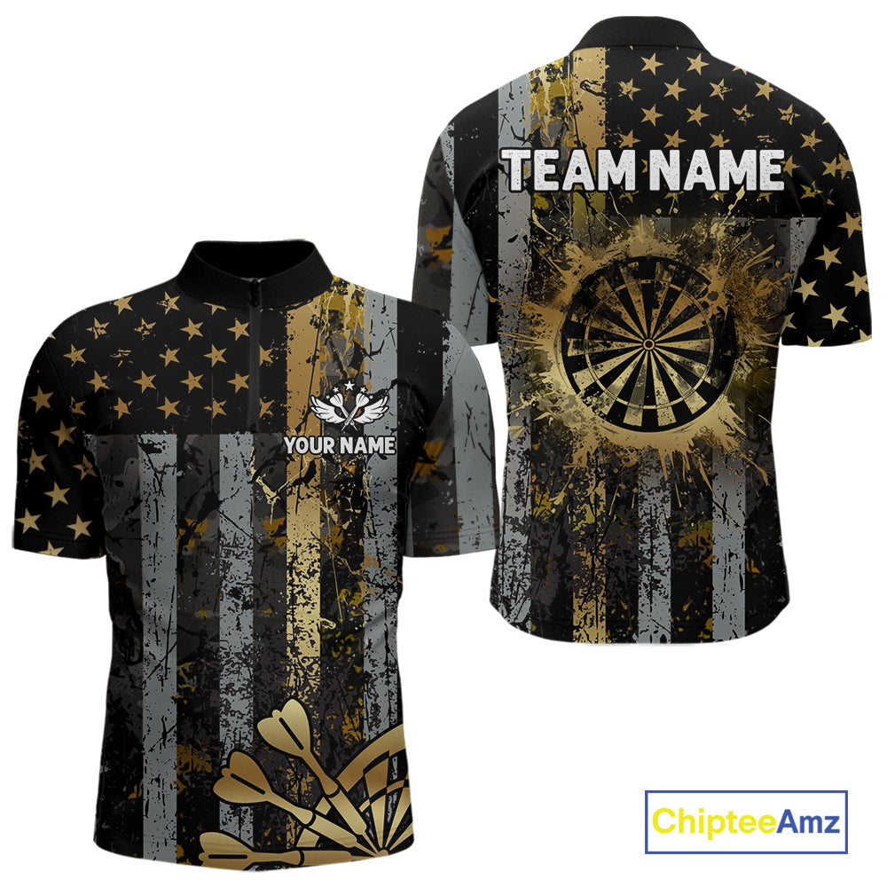 Custom Golden Grunge US Flag Patriotic Darts Shirt For Men, Retro Darts Team Jersey Polo & 1/4 Zip TDM6177