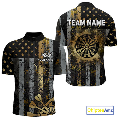 Custom Golden Grunge US Flag Patriotic Darts Shirt For Men, Retro Darts Team Jersey Polo & 1/4 Zip TDM6177