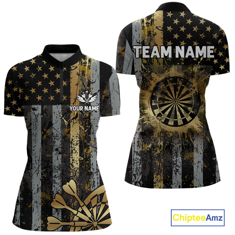 Custom Golden Grunge US Flag Patriotic Darts Shirt For Women, Retro Darts Team Jersey Polo & 1/4 Zip TDM6177