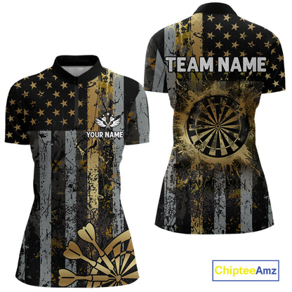 Custom Golden Grunge US Flag Patriotic Darts Shirt For Women, Retro Darts Team Jersey Polo & 1/4 Zip TDM6177