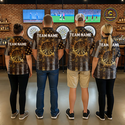 Custom Golden Grunge US Flag Patriotic Darts Shirt For Men, Retro Darts Team Jersey Polo & 1/4 Zip TDM6177