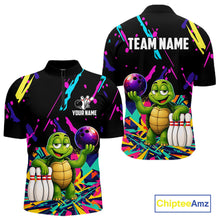 Load image into Gallery viewer, Colorful bowling quarter zip shirt with turtle design and customizable your name &amp; team name