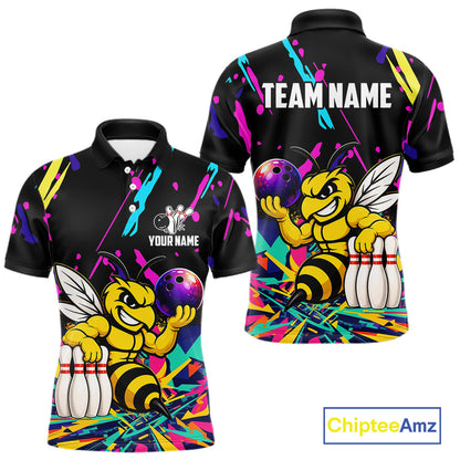Colorful bowling polo shirt with bee design and customizable your name & team name