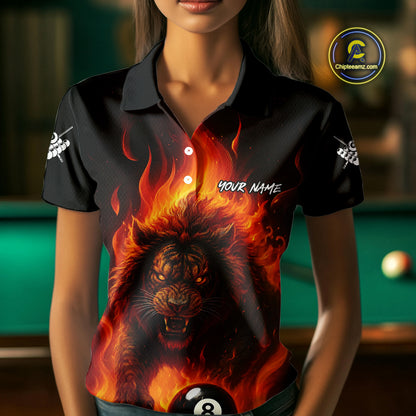 Orange Flaming Lion 8 Ball Billiard Shirts For Women Custom Fire Billiard Team Jersey Polo & 1/4 Zip TDM5305