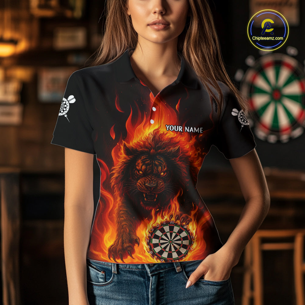 Orange Flaming Lion Darts Shirts For Women Custom Fire Darts League Jersey Team Polo & 1/4 Zip TDM5308