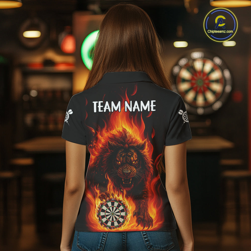Orange Flaming Lion Darts Shirts For Women Custom Fire Darts League Jersey Team Polo & 1/4 Zip TDM5308