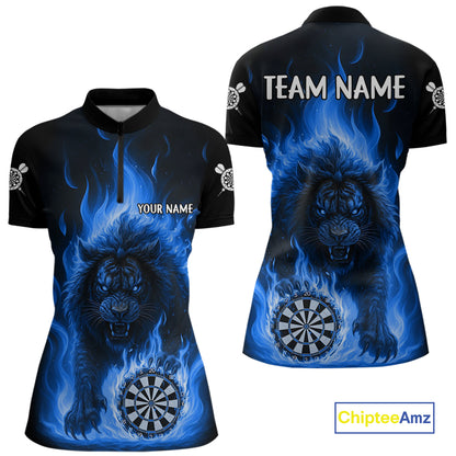 Blue Flaming Lion Darts Shirts For Women Custom Fire Darts League Jersey Team Polo & 1/4 Zip TDM5309