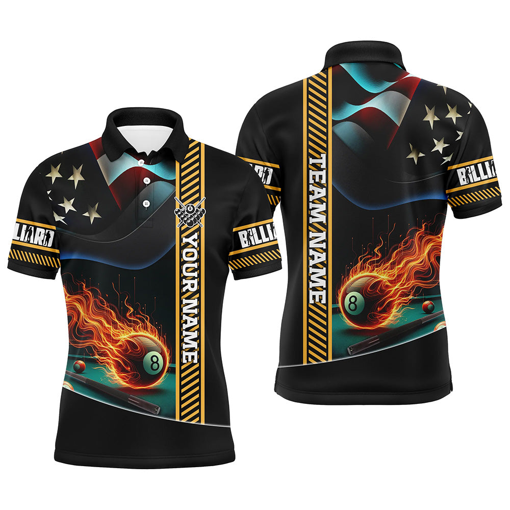 Personalized American Flag Flaming 8 Ball Pool Men Polo Shirts, Patriotic Billiard Attire Jerseys TDM1139