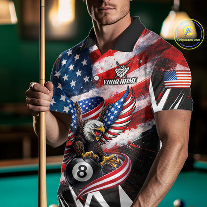Custom American Flag Eagle Billiard Shirt For Men, Patriotic 8 Ball Pool Team Jersey Polo, 1/4 Zip TDM6181