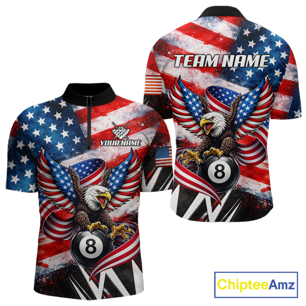 Custom American Flag Eagle Billiard Shirt For Men, Patriotic 8 Ball Pool Team Jersey Polo, 1/4 Zip TDM6181