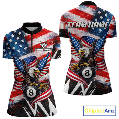 Custom American Flag Eagle Billiard Shirt For Women, Patriotic 8 Ball Pool Team Jersey Polo, 1/4 Zip TDM6181