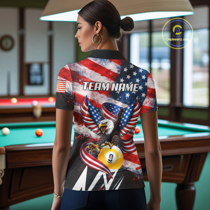 Custom American Flag Eagle Billiard Shirt For Women, Patriotic 9 Ball Pool Team Jersey Polo, 1/4 Zip TDM6182