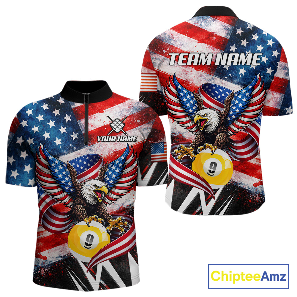 Custom American Flag Eagle Billiard Shirt For Men, Patriotic 9 Ball Pool Team Jersey Polo, 1/4 Zip TDM6182