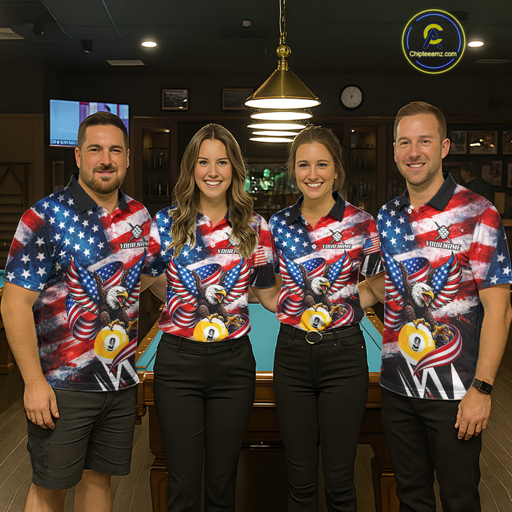 Custom American Flag Eagle Billiard Shirt For Women, Patriotic 9 Ball Pool Team Jersey Polo, 1/4 Zip TDM6182