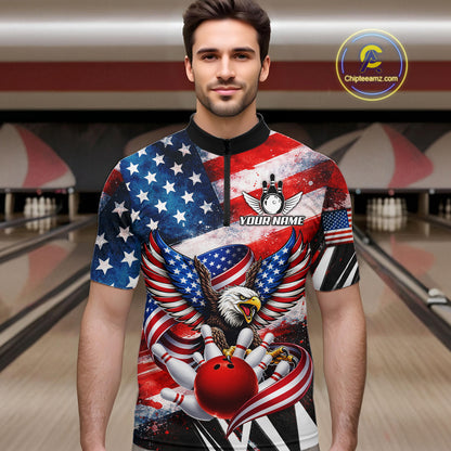 Custom American Flag Eagle Bowling Jersey For Men, Patriotic Bowling Team Shirt Polo & 1/4 Zip TDM6183