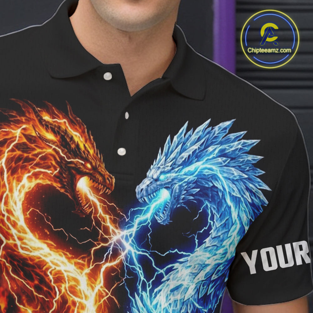 Personalized Fire And Icy Dragon Bowling Shirt For Men, Lightning Bowling Jersey Polo & 1/4 Zip TDM6185