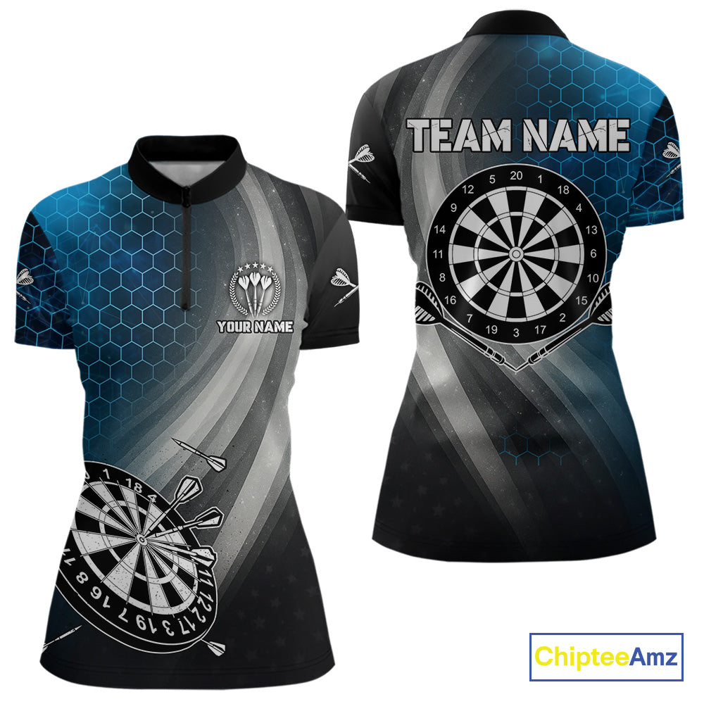 Custom Women's Dart Shirt – Black Blue Hexagon Design Darts Team Jersey | Polo & Quarter Zip Uniform TDM4074