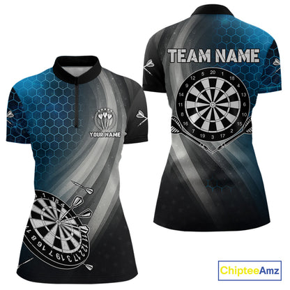 Custom Women's Dart Shirt – Black Blue Hexagon Design Darts Team Jersey | Polo & Quarter Zip Uniform TDM4074