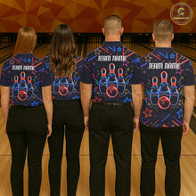 Load image into Gallery viewer, Back view of bowling team wearing matching blue funny neon bowling league jerseys.
