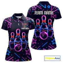 Load image into Gallery viewer, Purple funny neon bowling team polo shirt for women with vibrant neon bowling graphics.