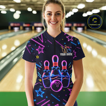 Load image into Gallery viewer, Woman wearing a purple funny neon quarter zip bowling shirt front view.