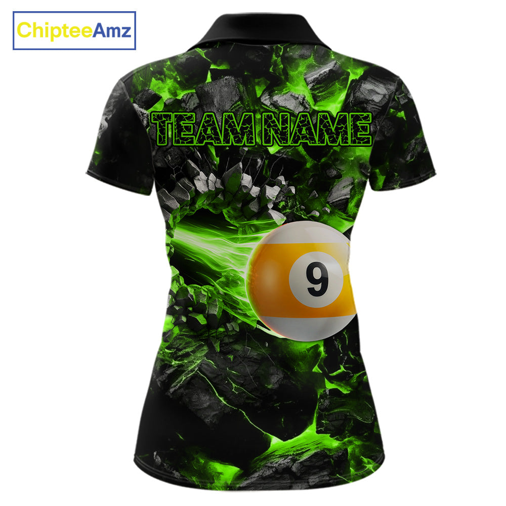 Custom Green 8 Ball 9 Ball Fire Pool Polo Shirt Designed for Personalized Billiard Team Jerseys with Premium Athletic Performance, Bold Fire Graphics, and Professional League Style