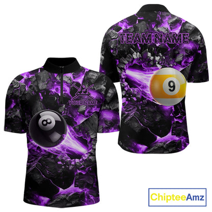 Personalized Purple 8 Ball 9 Ball Fire Quarter Zip Billiard Shirt Created for Competitive Pool League Teams with Performance Fabric and Tournament Ready Team Design