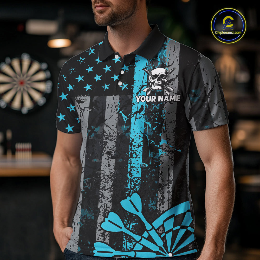 Personalized Blue Grunge US Flag Skull Darts Shirt For Men Custom Patriotic Darts Team Jersey TDM4885