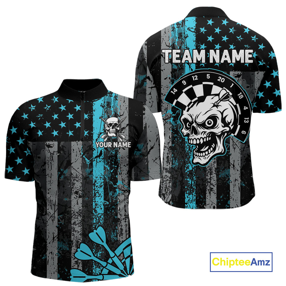 Personalized Blue Grunge US Flag Skull Darts Shirt For Men Custom Patriotic Darts Team Jersey TDM4885