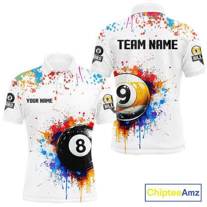 Funny 8 Ball & 9 Ball Colorful Splash Billiard Shirt For Men Custom Billiard Team Jersey |White TDM5581