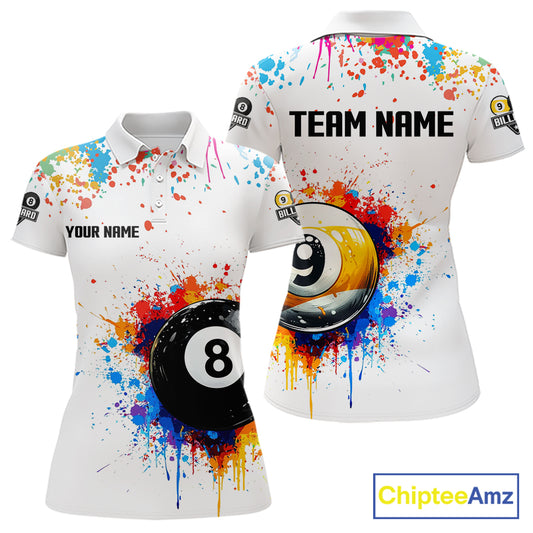 Funny 8 Ball & 9 Ball Colorful Splash Billiard Shirt For Women Custom Billiard Team Jersey |White TDM5581