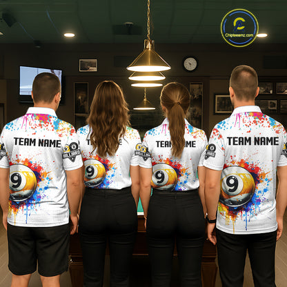 Funny 8 Ball & 9 Ball Colorful Splash Billiard Shirt For Men Custom Billiard Team Jersey |White TDM5581