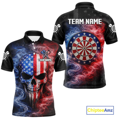 Custom American Flag Smoke Skull Darts Shirt For Men, Patriotic Darts Team Jersey Polo & 1/4 Zip TDM5811