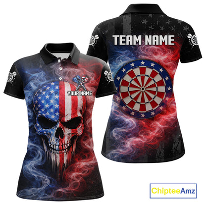 Custom American Flag Smoke Skull Darts Shirt For Women, Patriotic Darts Team Jersey Polo & 1/4 Zip TDM5811