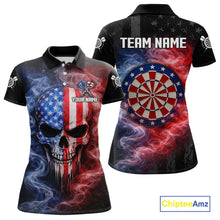 Load image into Gallery viewer, Custom American Flag Smoke Skull Darts Shirt For Women, Patriotic Darts Team Jersey Polo &amp; 1/4 Zip TDM5811