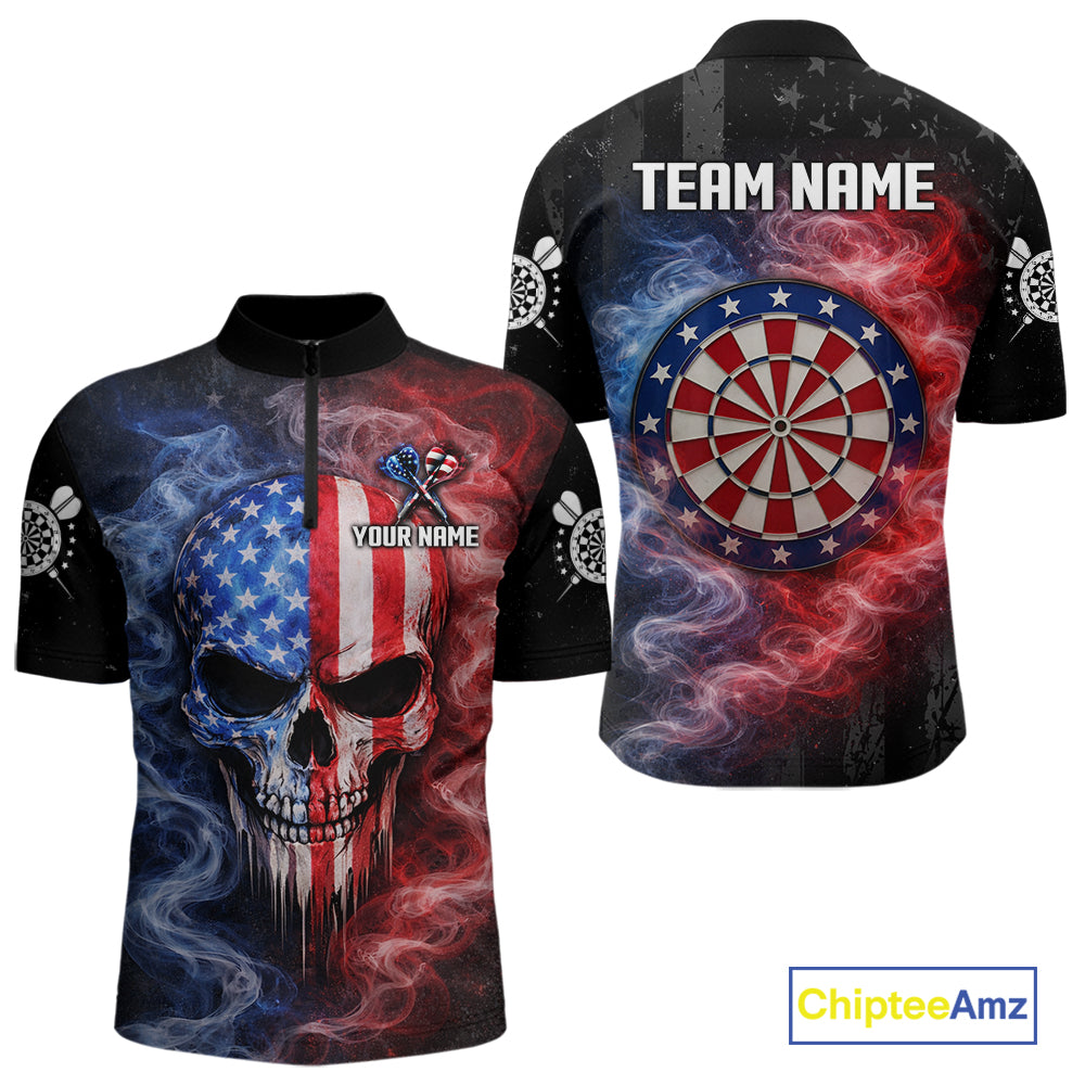 Custom American Flag Smoke Skull Darts Shirt For Men, Patriotic Darts Team Jersey Polo & 1/4 Zip TDM5811