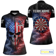 Load image into Gallery viewer, Custom American Flag Smoke Skull Darts Shirt For Women, Patriotic Darts Team Jersey Polo &amp; 1/4 Zip TDM5811