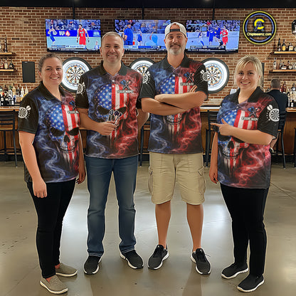 Custom American Flag Smoke Skull Darts Shirt For Women, Patriotic Darts Team Jersey Polo & 1/4 Zip TDM5811