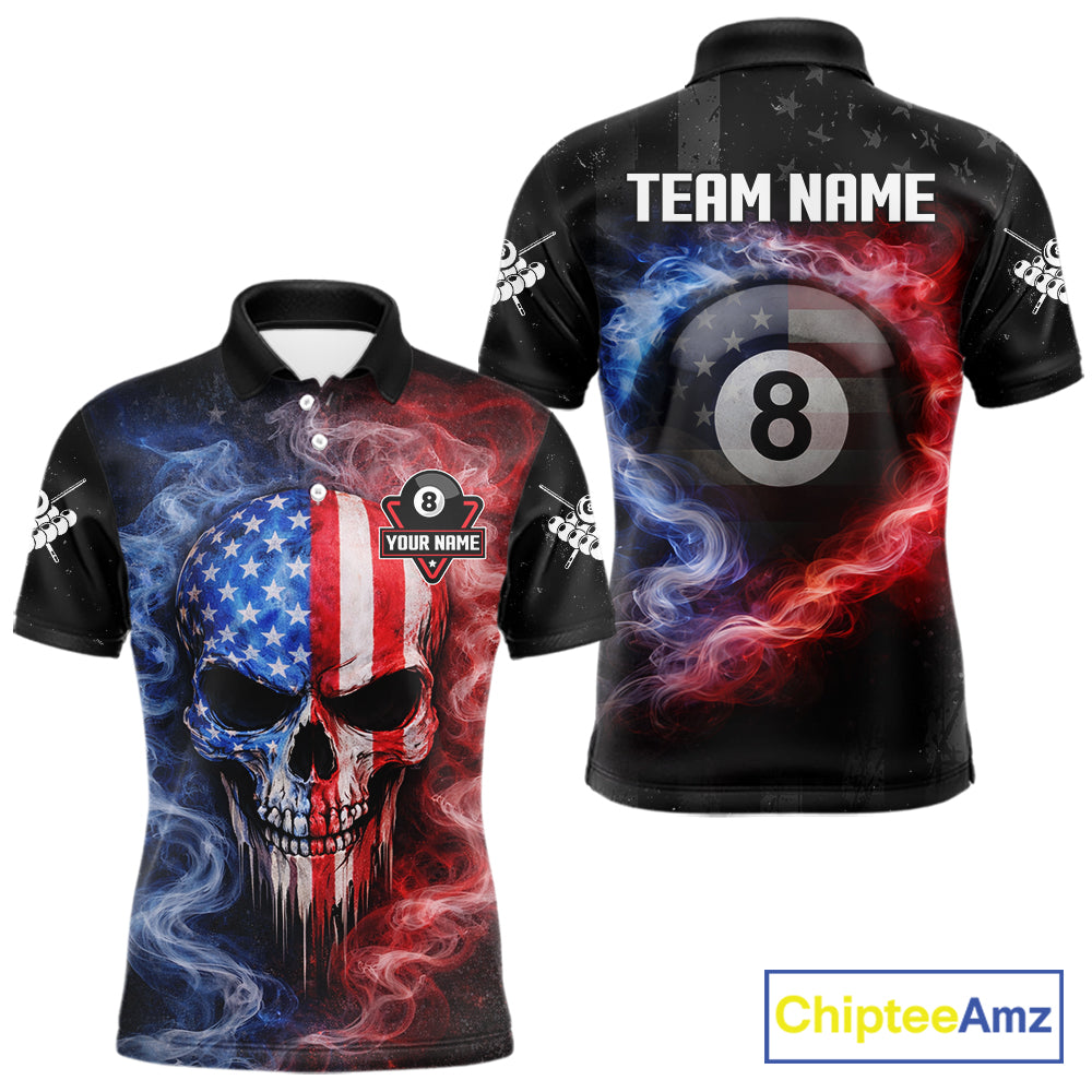 Custom 8 Ball US Flag Smoke Skull Billiard Shirt For Men, Patriotic Pool Team Jersey Polo, 1/4 Zip TDM5812
