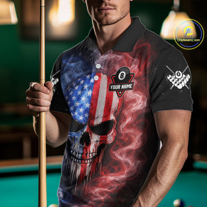 Custom 8 Ball US Flag Smoke Skull Billiard Shirt For Men, Patriotic Pool Team Jersey Polo, 1/4 Zip TDM5812