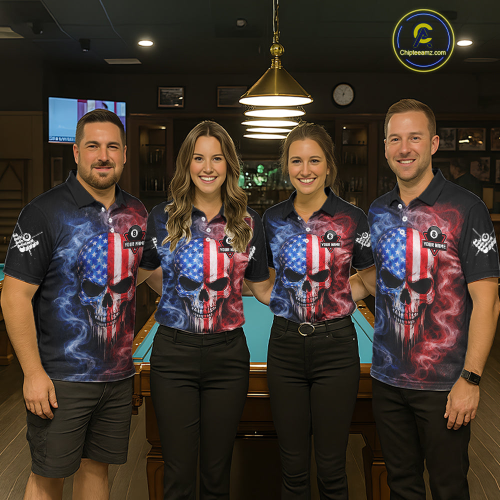 Custom 8 Ball US Flag Smoke Skull Billiard Shirt For Women, Patriotic Pool Team Jersey Polo, 1/4 Zip TDM5812