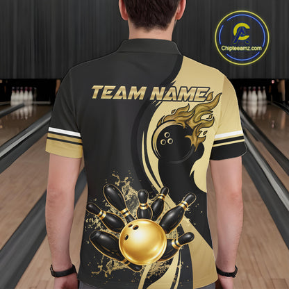Custom Black And Gold Splatter Bowling Shirt For Men, Bowling League Jerseys Team Polo & 1/4 Zip TDM6417