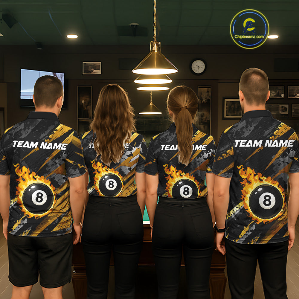 Gold Black Grunge Flame 8 Ball Billiard Shirts For Women Custom Pool Team Jersey Polo & 1/4 Zip TDM6619