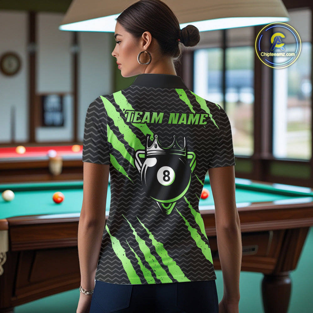 Black And Green Scratch Billiard Shirts For Women Custom 8 Ball Crown Pool Team Jersey Polo & 1/4 Zip TDM6623